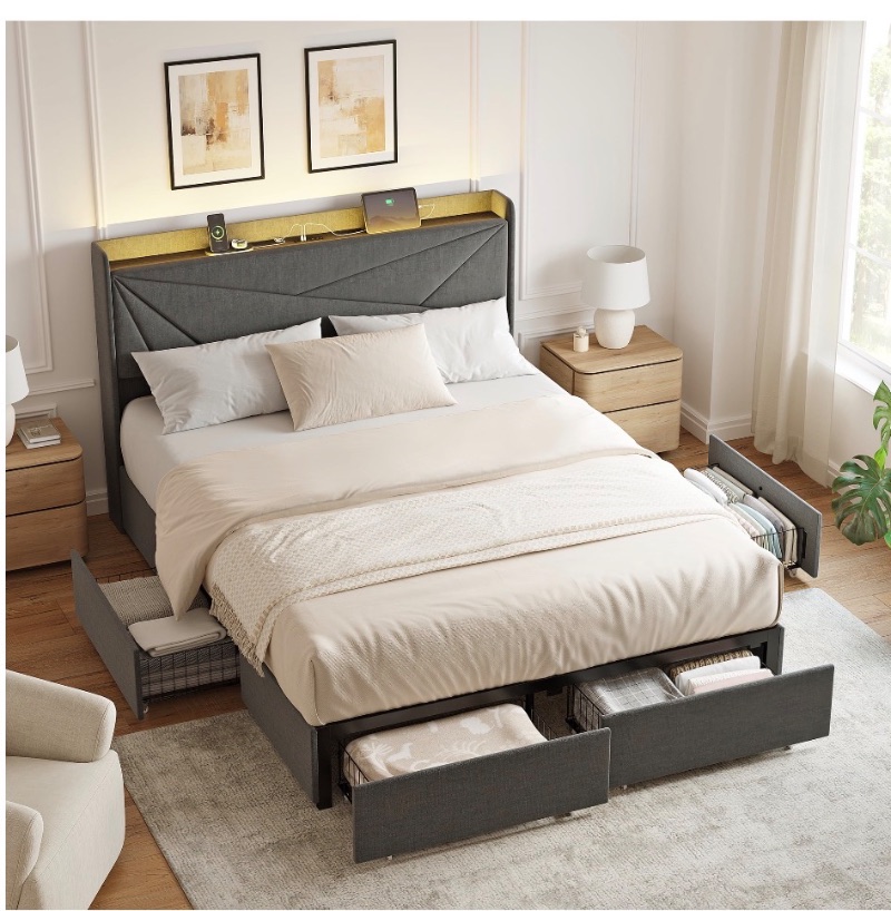 GUNAITO Full Size Bed Frame with 4 Storage Drawers, Upholstered LED Bed with USB Ports, Mo — coming up at the AmazeDeals auction in Kitchener