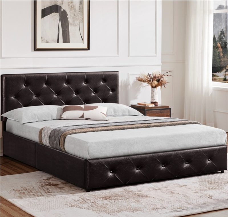 Renwick Diamond Button-Tufted Upholstered Platform Bed with Storage, Brown, Queen — coming up at the AmazeDeals auction in Kitchener